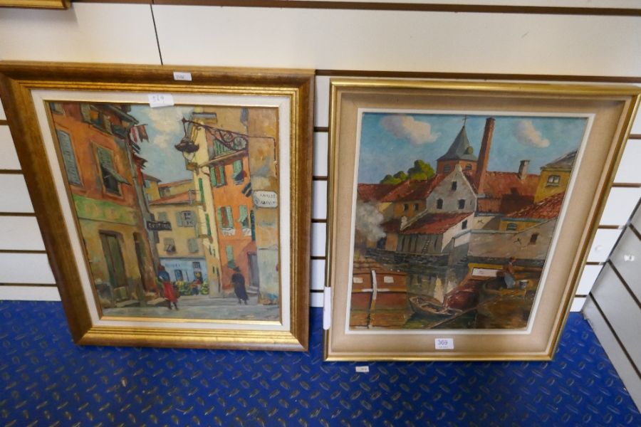 A oil of French street scene, unsigned and one other of barges beside buildings also unsigned