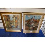 A oil of French street scene, unsigned and one other of barges beside buildings also unsigned