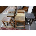 Seven various industrial/ commercial style stools, mainly pine in construction