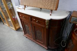 Two similar early 20th century inlaid mahogany sideboards, having carved panels with gilt metal moun