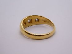 Antique 18ct yellow gold gypsy ring inset three diamonds, the largest approx 0.10 carat, size P, 4.5