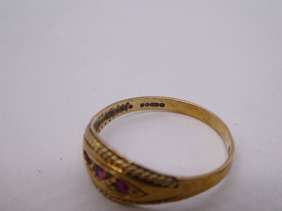 9ct yellow gold gypsy ring set with three small rubies, marked 375, size P, 1.7g approx. Gold conten - Image 2 of 3