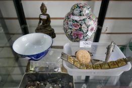 A Chinese ginger jar, a metal buddha and sundry