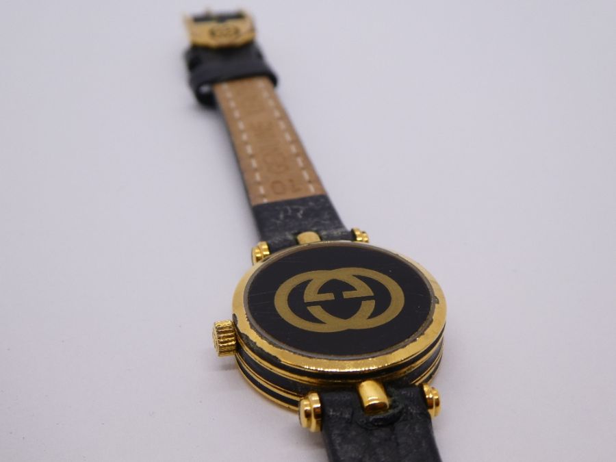 Cased 'Gucci' wristwatch on black leather strap, purchased 1988 - Image 5 of 8