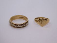 9ct yellow and white gold wedding band, marked 375, size P, and a signet ring with heart shaped pane