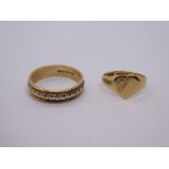 9ct yellow and white gold wedding band, marked 375, size P, and a signet ring with heart shaped pane