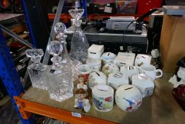Four Royal Doulton glass decanters, money boxes and sundry
