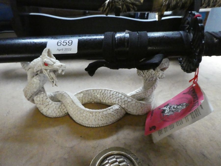 A reproduction Samurai sword on stand decorated snakes - Image 3 of 4