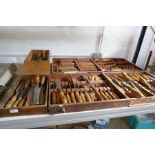 A quantity of vintage woodworking chisels by Robert Sorby having octagonal fruitwood handles, with o