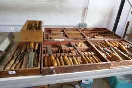 A quantity of vintage woodworking chisels by Robert Sorby having octagonal fruitwood handles, with o