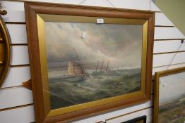 A late 19th century, marine oil painting of boats in stormy seas and one other watercolour of a ligh