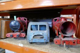 Two vintage metal Triang Puff-Puff trains, a similar flat bed lorry, a snooker scoreboard and sundry