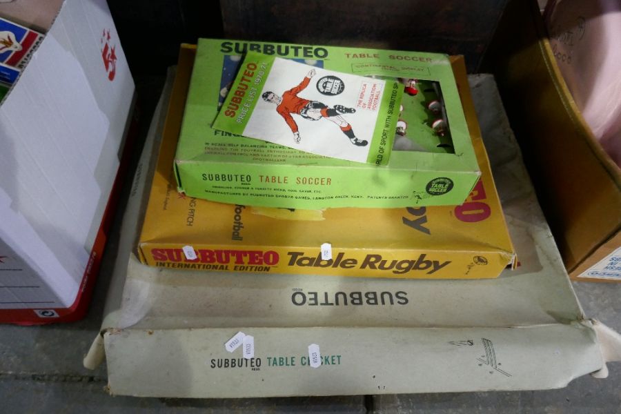 Subbuteo, various boxed teams, a table Rugby, a table Cricket and a Continental display edition