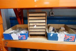Two boxes of rock specimens, fossils etc and a bank of specimen drawers