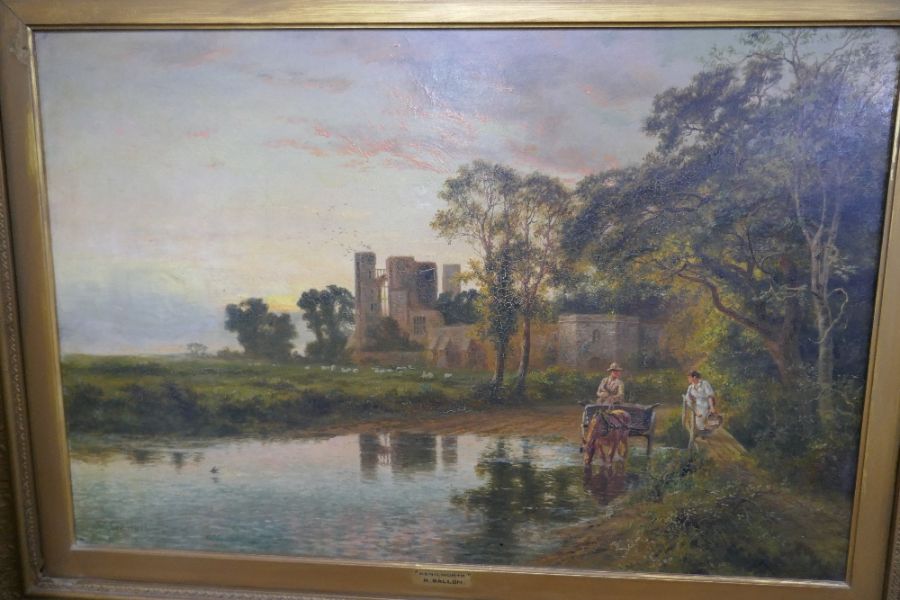 R. Gallon, possibly Robert Gallon (1845 - 1925) an antique oil of Kenilworth; figures and ruins, sig