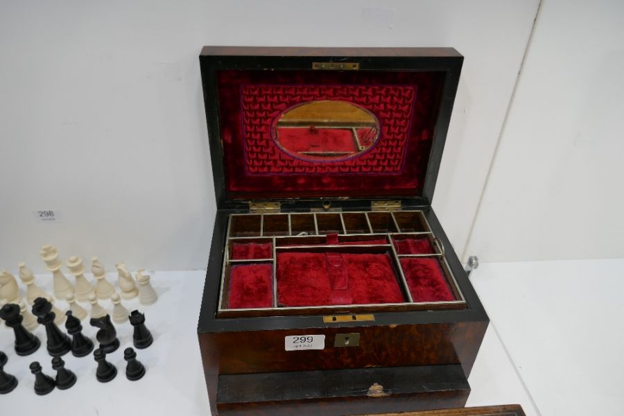 A Victorian Burr Walnut Jewellery box having desk slope below, and a Victorian Rosewood desk slope