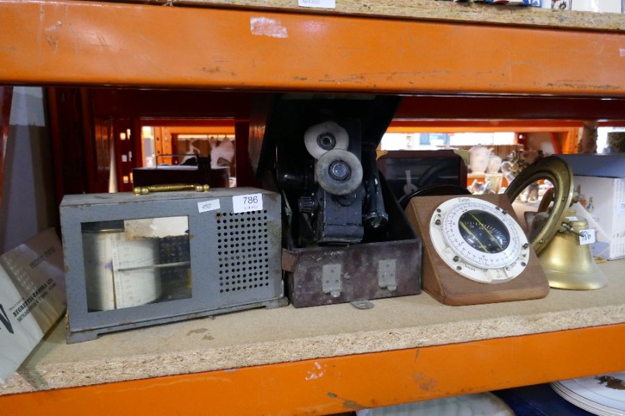 Negretti and Zambra metal cased barograph, Sestrel compass, brass bell and cased bubble sextant etc