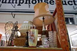 Two decorative table lamps, two glass vases and hand painted glass example