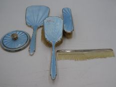 Silver and blue guilloche enamel dressing table items comprising of two brushes and two mirrors, one
