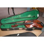 Two old violins with bows, both with cases, plus a Clarinet case (no clarinet)