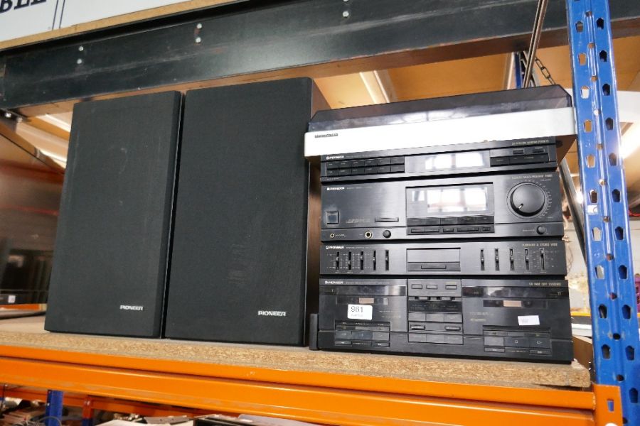 A Pioneer Hi-Fi with pair of speakers and a Wharfedale turntable