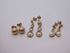 Two pairs of 9ct and pearl drop earrings, marked 375, and pair of simulated pearl 9ct gold studs, 5.