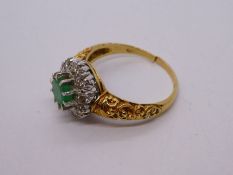 Victorian style 18ct yellow gold emerald and diamond cluster ring with large central round cut emera