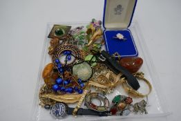 Tray of various vintage costume jewellery to include various brooches, watches, necklace etc and a b