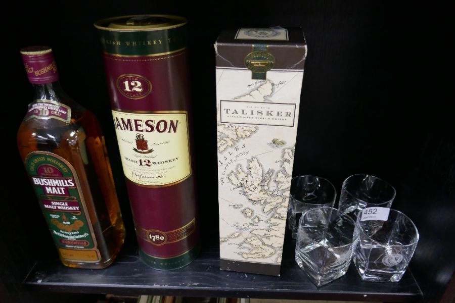 Three bottles of Whisky to include Talisker, Jameson and Bushmills and a set of four glasses engrave - Image 6 of 6