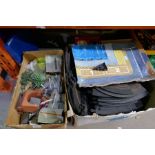 Model railway accessories, building etc, Scalextric track and box of vintage die cast vehicles