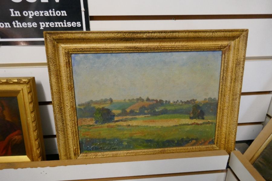 A mid 20th century oil of fields by L Worthington, an oil of Quayside and a modern collage style pic - Image 3 of 4