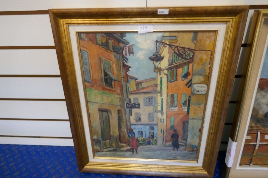 A oil of French street scene, unsigned and one other of barges beside buildings also unsigned - Image 3 of 4