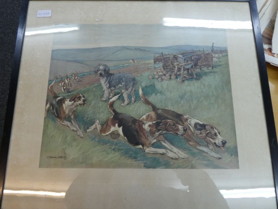 A coloured print of Hounds, a print of Wolf in winter landscape, bird prints and other ephemera