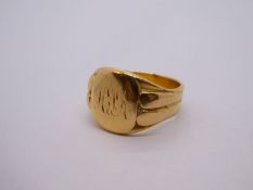 Gent's yellow metal, possibly 18ct yellow gold heavy signet ring, inscribed with initials, unmarked