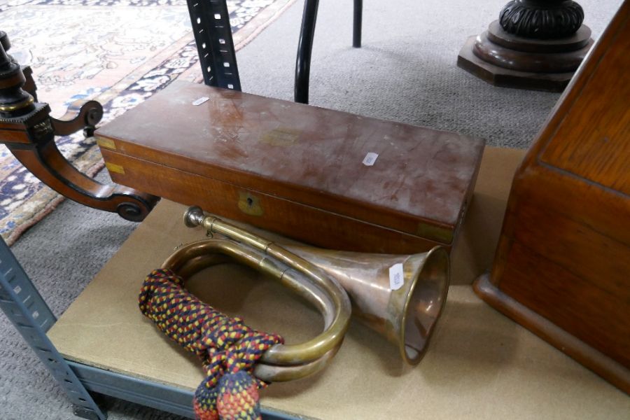 A late Victorian oak sloping stationery box, a copper bugle and a military box - Image 3 of 3