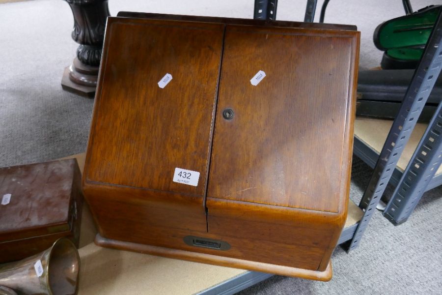 A late Victorian oak sloping stationery box, a copper bugle and a military box - Image 2 of 3