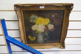 An old oil still life of flowers in tankard monogrammed MM, 38.5cm x 38.5cm