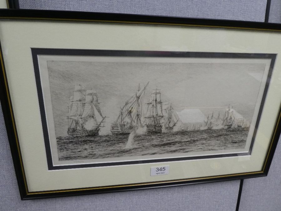 W L Wylie, a set of three pencil signed etchings of galleons in the Battle of Trafalgar and a nautic - Image 2 of 5