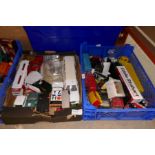 Five crates of mixed boxed, unboxed, cars, trucks etc