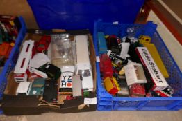 Five crates of mixed boxed, unboxed, cars, trucks etc