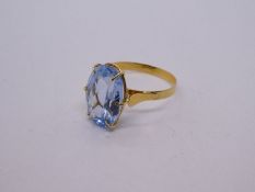 18ct yellow gold dress ring set large oval aquamarine, size N/O, marked 750, 2.5g approx