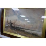 J. Laurence Hart, a watercolour of windmills and farmer with sheep, signed and dat