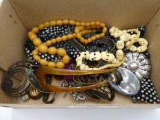 Box of antique and later costume jewellery including large silver beetle, inset moonstone body, ambe
