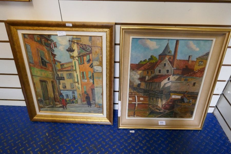 A oil of French street scene, unsigned and one other of barges beside buildings also unsigned - Image 2 of 4