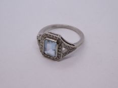 Art Deco style 18ct white gold aquamarine and diamond dress ring with central step cut aquamarine, s