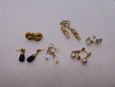 Six pairs of 9ct and yellow metal earrings to include pearl, cubic zirconia Cameo examples, gross we