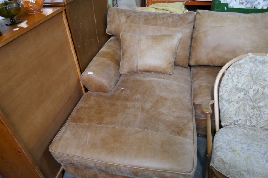 A modern Next brown leather chaise and sofa - Image 2 of 3