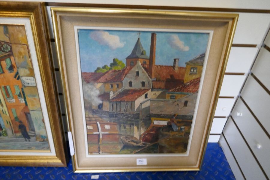 A oil of French street scene, unsigned and one other of barges beside buildings also unsigned - Image 4 of 4
