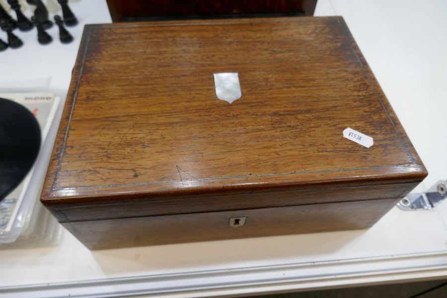 A Victorian Burr Walnut Jewellery box having desk slope below, and a Victorian Rosewood desk slope - Image 2 of 4