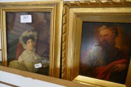 A 19th century oil of bearded man and one other antique oil, possibly 18th century of lady with bonn